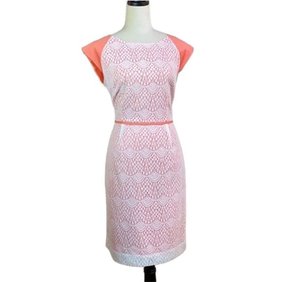 Alex Marie Peach Dress with White Lace Overlay, Cap Sleeves (Size: 8) - Picture 1 of 15